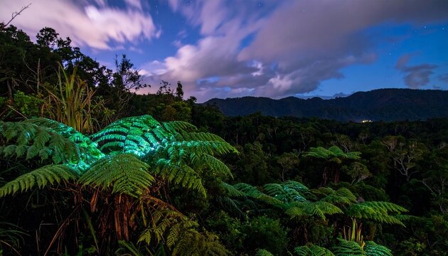Glowing Bioluminescent Fern Fronds in New Zealand Rainforest Canopy Night