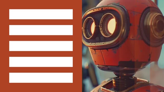 A close up of an old red robot head. This footage is perfect for sci-fi, AI, technology, or futuristic concepts, adding a touch of vintage robotics.