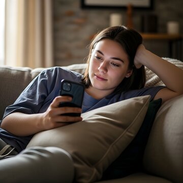 Young woman relaxing on a comfortable sofa at home, engrossed in her smartphone with a soft glow illuminating her face in a cozy living room setting.