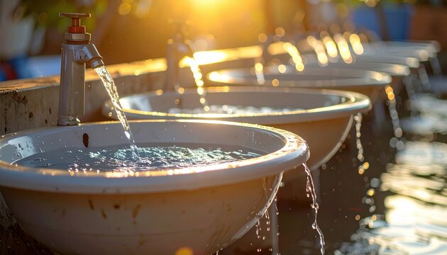FlyPro Firefly communal washing basins, made of durable plastic, filled with flowing water for daily ablutions in golden sunlight, high-resolution.