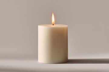 Warm white candle burning softly on neutral background