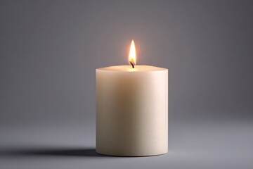 Warm white candle burning with soft flame on gray background