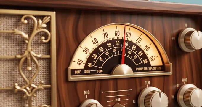 A captivating close-up shot of a classic, vintage-style radio, featuring a rich, polished wooden cabinet and ornate gold accents. The warm, illuminated tuning dial takes center stage, with a vibrant r