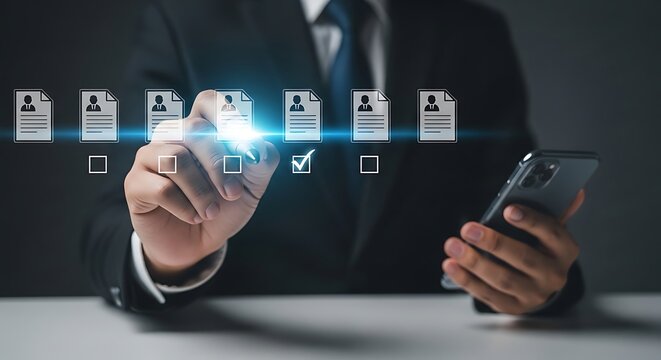 Digital Data Verification: A professional figure navigates a digital interface on a mobile device, confirming essential information or data points with a precise touch.