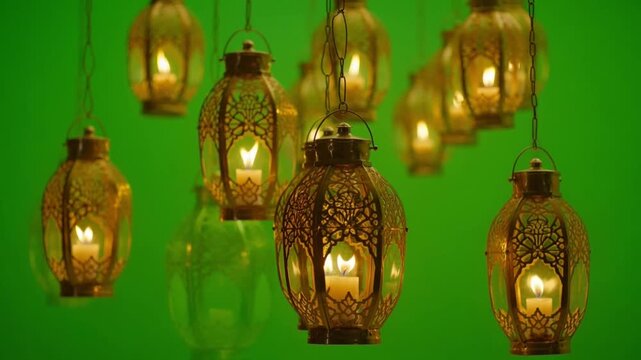 3D animatio Ramadan lantern (Fanoos) swinging from the top on a green screen background for festive corner decoration.