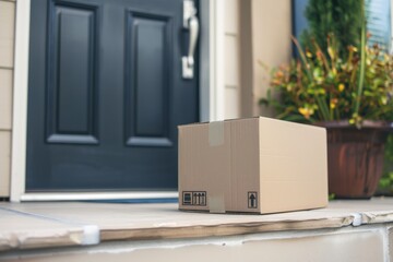 Brown cardboard box on porch step with dark front door background