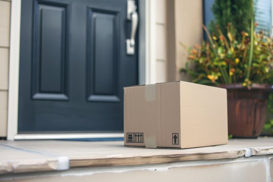 Brown cardboard box on porch step with dark front door background