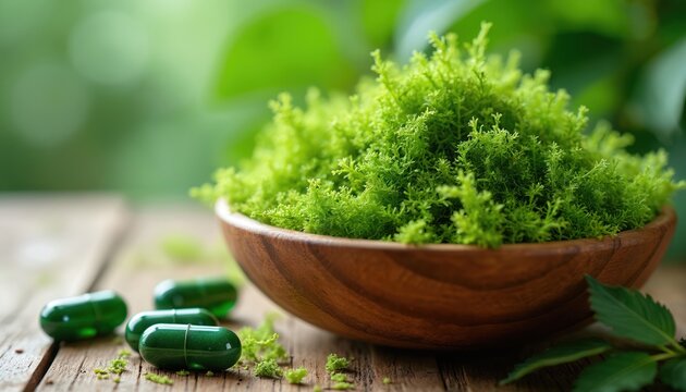 Fresh green sea moss in wooden bowl with capsules on table. Natural algae supplement for healthy diet. Organic wellness ingredient, food preparation.