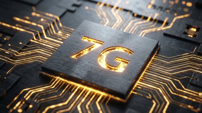 Macro Concept of 7G Mobile Processor with Glowing Gold Circuits