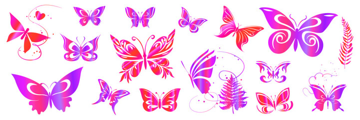 Vibrant Pink Purple Butterfly Collection Colorful Design Set. Bright pink and purple butterflies with decorative elements, perfect for creative projects, fashion graphics, and playful designs.