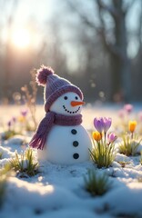Obraz premium Cute snowman with hat and scarf sits in melting snow surrounded by crocuses. Early spring sun shines bright, signifying winter is ending and new life begins. Nature awakens.