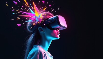 Fototapeta premium Woman uses virtual reality headset. Abstract geometric shapes explode from head. Digital experience, creative future, virtual world immersion, cyber tech.