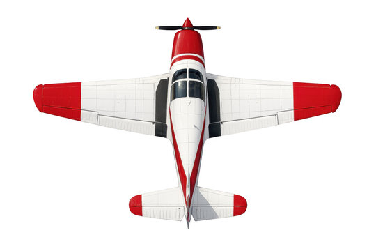 Single engine propeller plane flying overhead on transparent background
