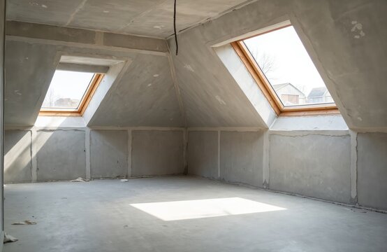 Attic room under construction with skylight windows. Concrete floor and plaster walls. New unfinished mansard space. Interior building phase. Ready for renovation.