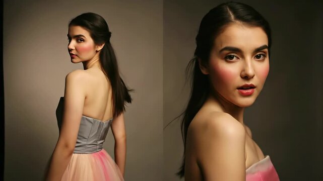 Elegant young woman with long dark hair wearing a strapless dress posing in studio with soft lighting