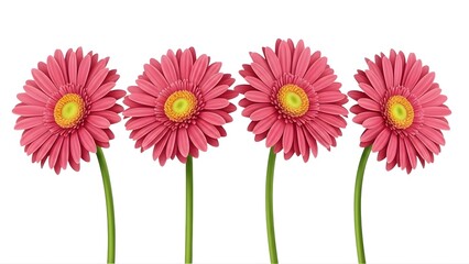 Four pink flowers with yellow centers on transparent background