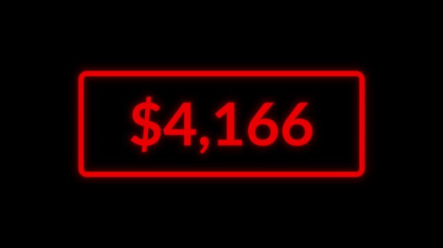 Red dollar counter increasing from 0 to 5000 on black background