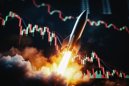 A rocket blasts upward, overlaid with a volatile stock market chart. Flames and smoke fill the foreground.