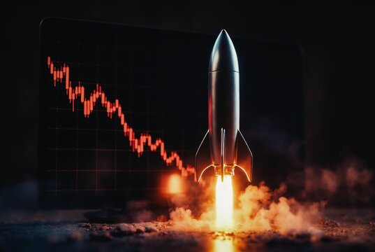 A rocket blasts upward, mirroring a sharp, downward stock market graph. Flames illuminate the launch.