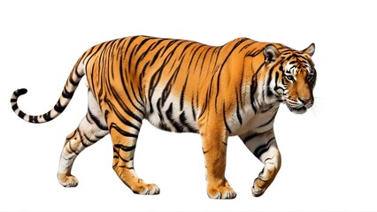 Fototapeta premium A tiger walking on a transparent background with a focused gaze