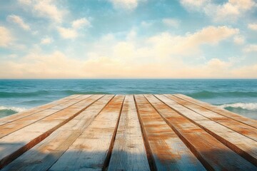 Fototapeta premium weathered wooden pier leading to calm blue ocean under bright sky with fluffy clouds, warm sunlight and soft shadows evoking peaceful tranquility