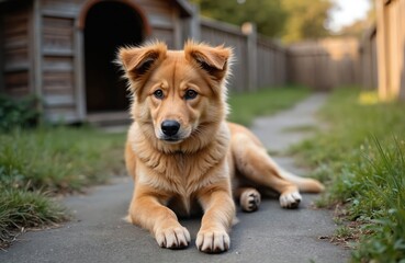 Golden dog lies on path near wooden kennel in backyard. Puppy looks at camera with alert expression. Domestic pet rests outdoors on sunny day.