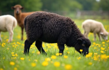 Fototapeta premium Fluffy black sheep eats grass in sunny meadow with yellow flowers. White and brown sheep graze on green field. Farm animals in natural pasture during daytime.