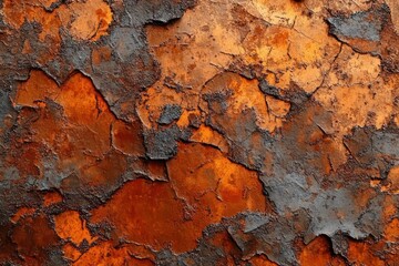 Naklejka premium close-up of peeling orange and dark gray rusted metal with cracked flaking paint, gritty weathered texture conveying decay and aged industrial deterioration