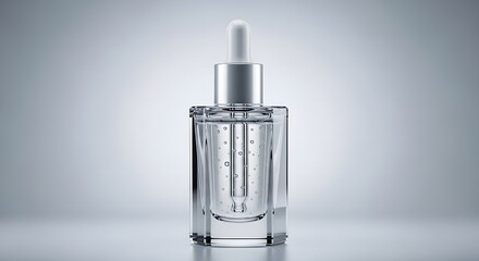 Minimal clear serum skincare bottle on beige background