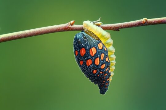 vibrant spotted chrysalis hanging from a thin twig with yellow-green casing and black pupa dotted with orange and white, peaceful anticipation of transformation