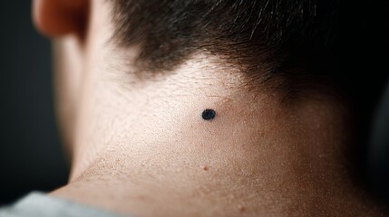 Fototapeta premium Close up detail of black mole on neck skin, nevus dermatology concept showing pigmentation, texture and human epidermis surface, medical healthcare screening and skin condition awareness