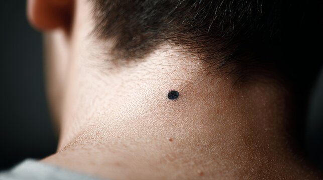 Close up detail of black mole on neck skin, nevus dermatology concept showing pigmentation, texture and human epidermis surface, medical healthcare screening and skin condition awareness