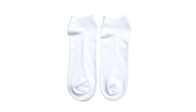 Two white, low-cut, athletic socks displayed vertically on black
