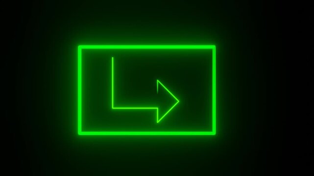 green neon glowing right turn arrow line enclosed in rectangle frame seamless loop on dark black background