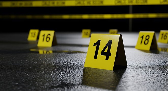 Close-up of Yellow Crime Scene Marker 14 on Wet Ground with Blurred Police Tape