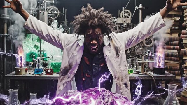 Mad scientist creating purple energy in his chaotic laboratory