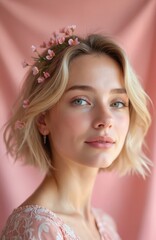 Naklejka premium Young blonde woman with short hair wears pink dress. Small pink flowers in her hair and on her ear. Gentle soft light, pastel colors. Looks with blue eyes forward, subtle smile. Feminine beauty mood.