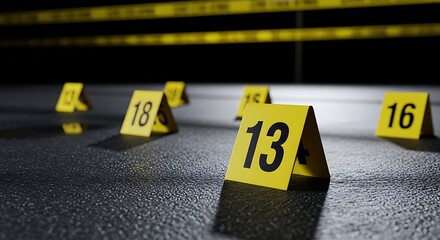 Forensic investigation: Crime scene evidence marker number 13 on asphalt with blurry police tape.