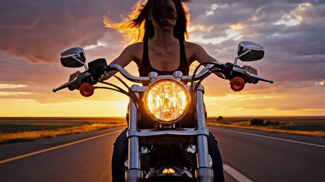 Woman riding motorcycle on open road at sunset, adventure travel concept.