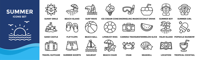 Summer icon set collection. Containing Beach Island, Snorkeling Mask, Sand Castle, Palm Island, Beach Chair