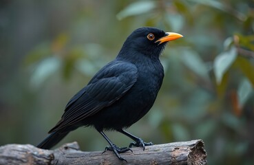 Obraz premium Male blackbird with bright orange beak sits on fallen branch. Bird has dark plumage and yellow eye ring. Focus on bird details in natural outdoor setting.