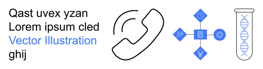 Obraz premium Communication, technology, biotechnology, digital systems, data transfer, science. Phone icon, data sharing symbols DNA test tube graphic. Communication and technology visually