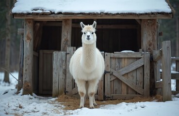 Fototapeta premium White fluffy llama stands in snow near wooden shelter. Domesticated animal with thick wool rests in cold rural farm pen. Creature looks at camera. Winter farm scene.