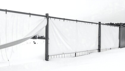 A long, draped white sheet fence stretches across a snowy field under a bright sky in black and white