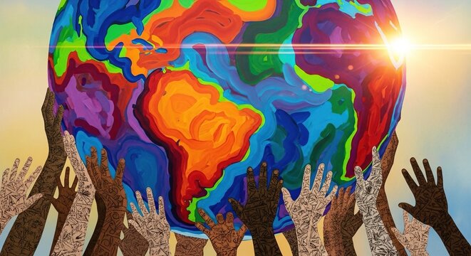 Diverse hands holding colorful earth globe painting with bright sunlight shining, unity and global cooperation concept