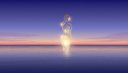 Glowing feminine silhouette meditating on serene ocean at sunrise