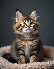 Fluffy tabby kitten with striking ear tufts sits looking up curiously. This young Maine Coon feline has beautiful markings and bright eyes, appearing soft and adorable in its plush bed.
