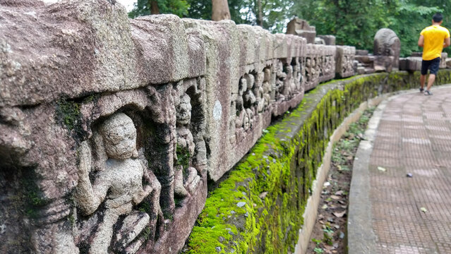 Ancient stone carvings and sculpted ruins at Deo Pahar archaeological site in Numaligarh, Golaghat, Assam, India.