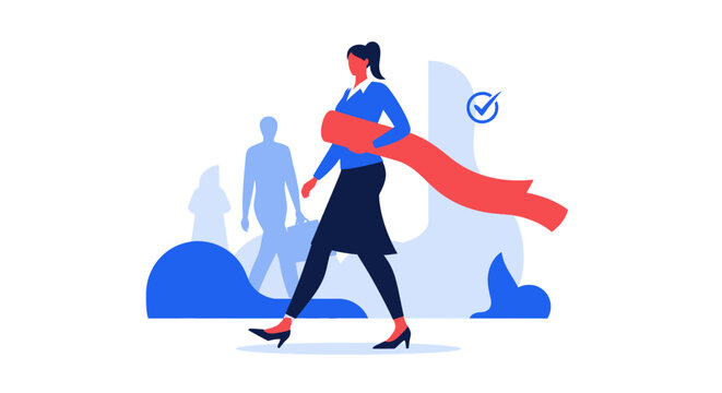 Confident Businesswoman Walking with Red Scarf in Office Environment