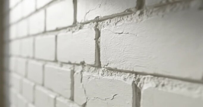 A captivating close-up, side-angle shot intimately explores the rich, uneven texture of a white painted brick wall. Subtle cracks and weathered details on the individual bricks add authentic character